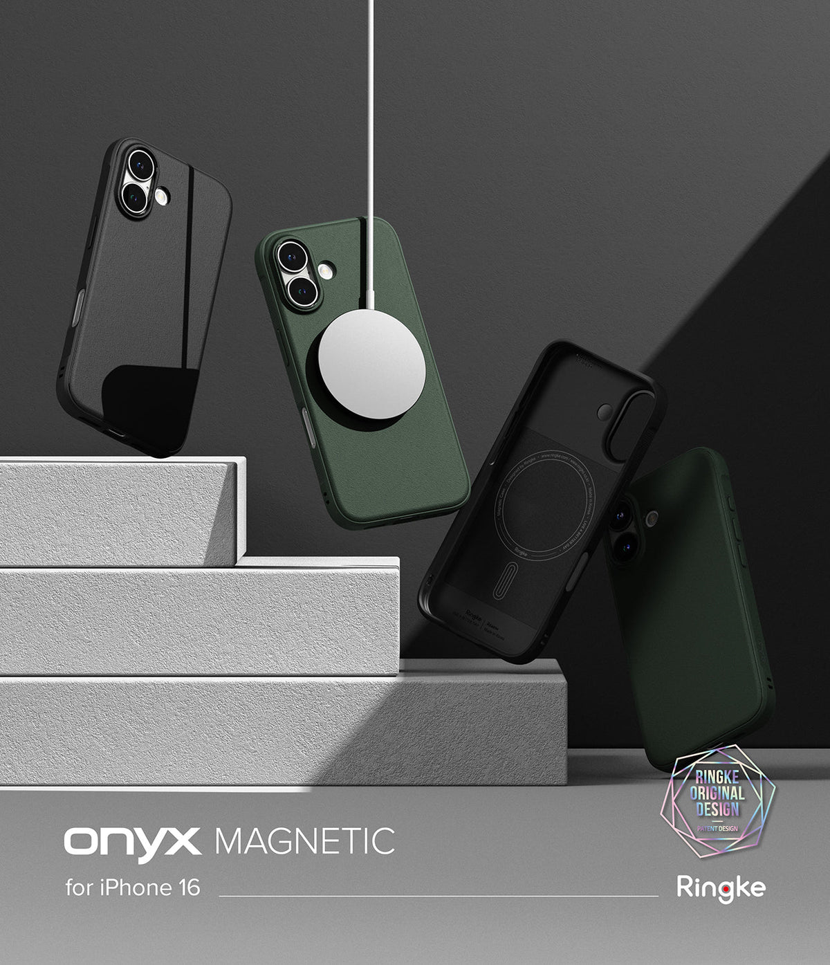 iPhone 16 Case | Onyx Magnetic - Four black and green iPhone 16 cases floating above stone steps with a magnetic charger attached.