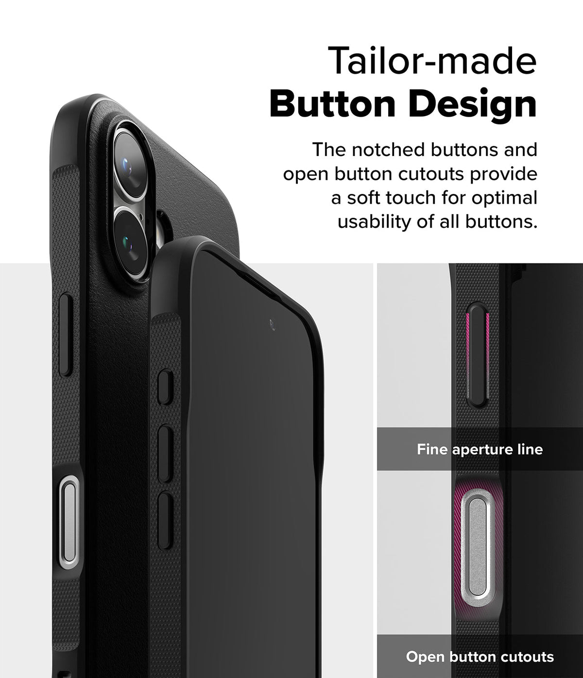 iPhone 16 Case | Onyx Magnetic - Close-up of black phone case buttons with highlighted aperture lines and open cutouts.