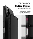 iPhone 16 Case | Onyx Magnetic - Close-up of black phone case buttons with highlighted aperture lines and open cutouts.