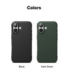 iPhone 16 Case | Onyx Magnetic - Two iPhone 16 cases in black and dark green, shown from the back with dual camera cutouts.