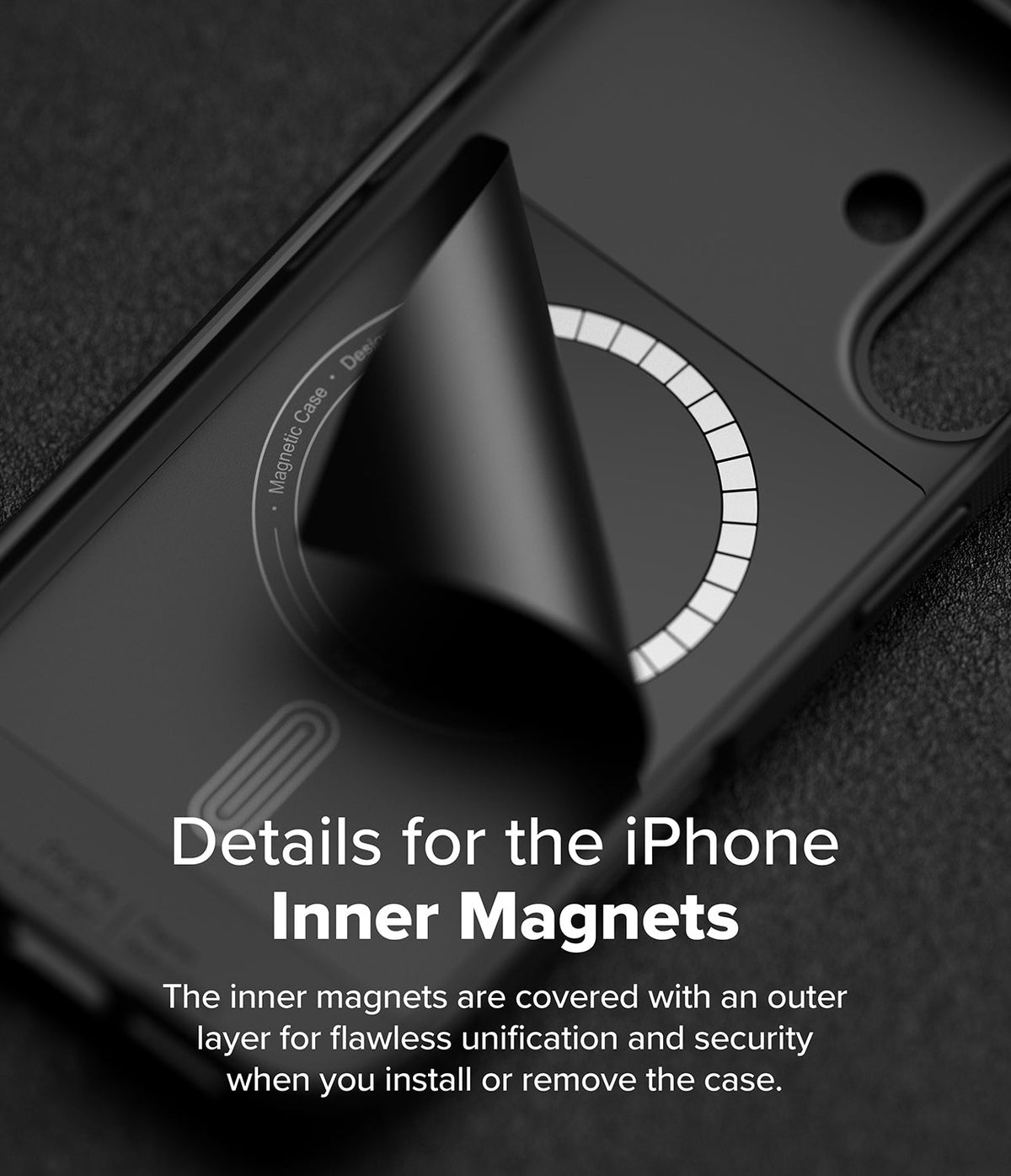iPhone 16 Case | Onyx Magnetic - Black phone case interior showing a circular magnetic array partially peeled back.