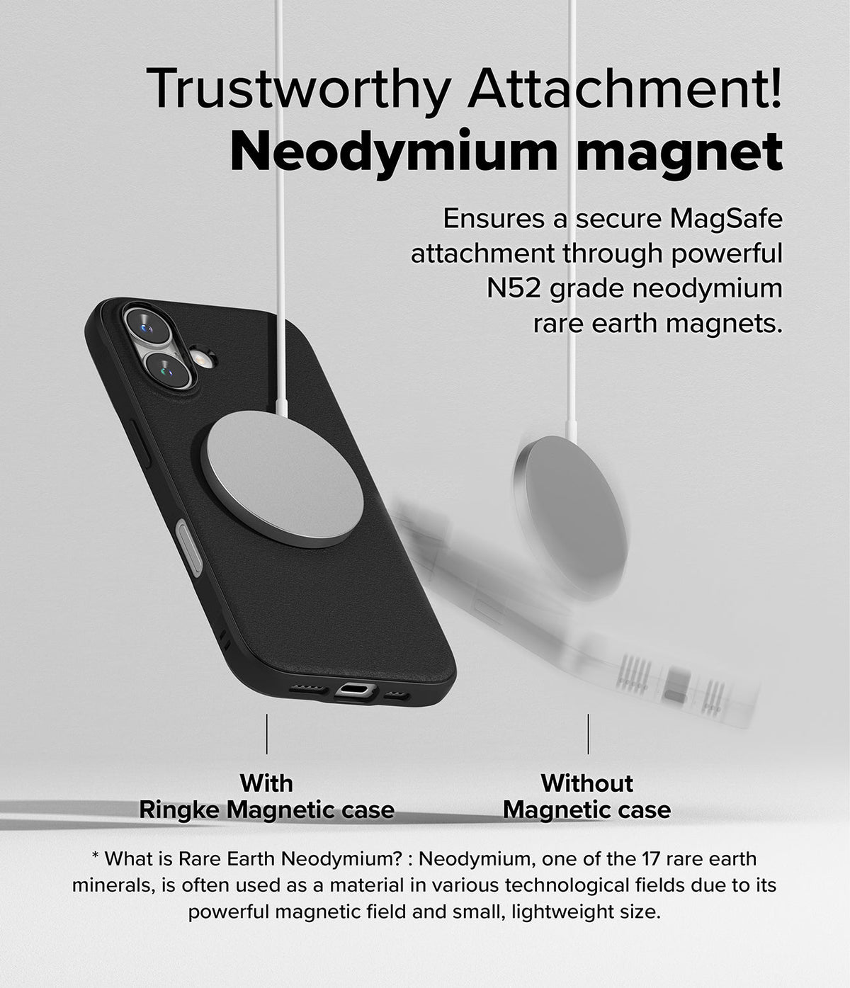 iPhone 16 Case | Onyx Magnetic - Comparison showing a MagSafe charger securely attached to a black phone case versus falling off.