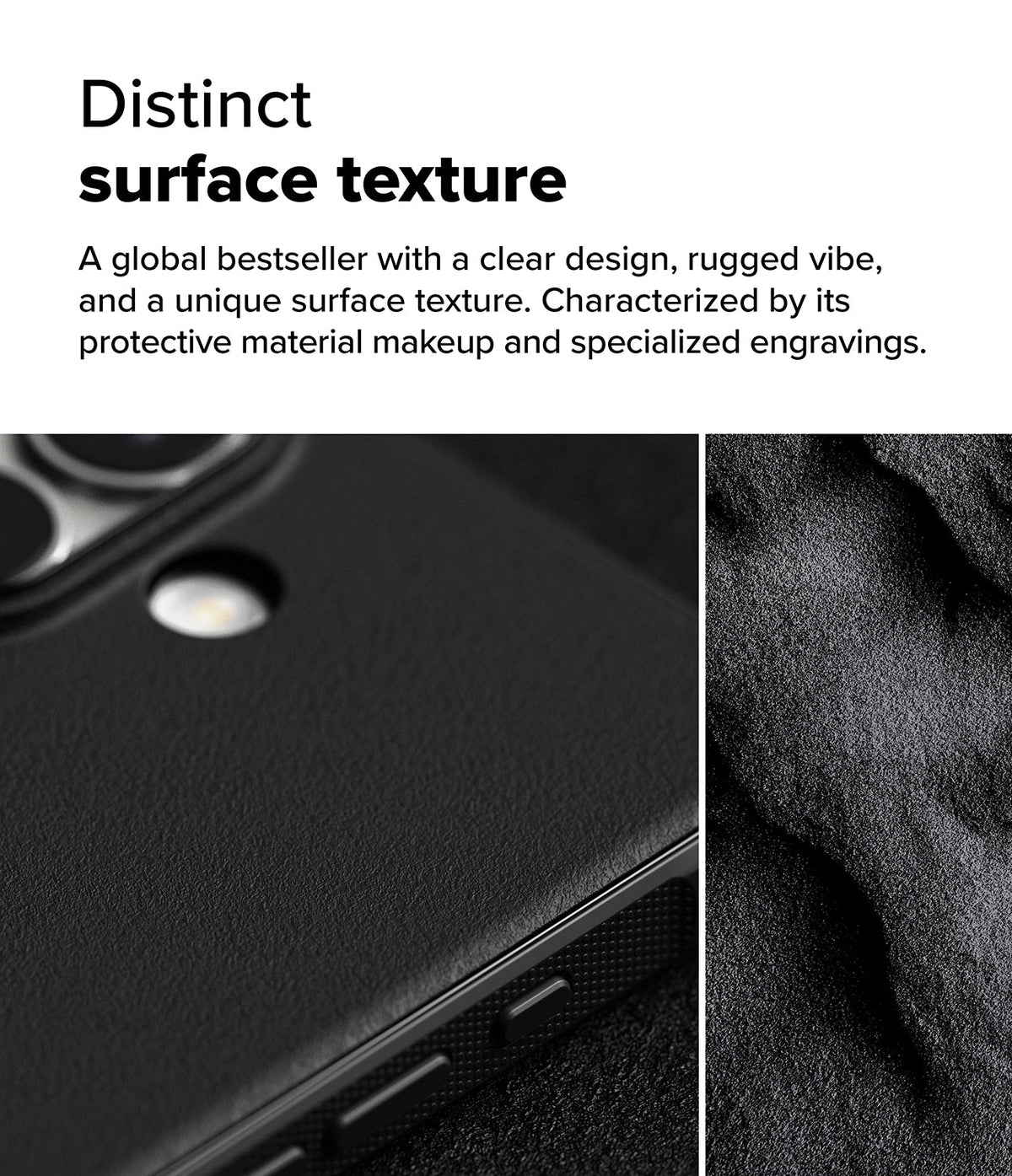 iPhone 16 Case | Onyx Magnetic - Close-up of a black phone case with a textured surface next to a rugged, dark stone-like material.