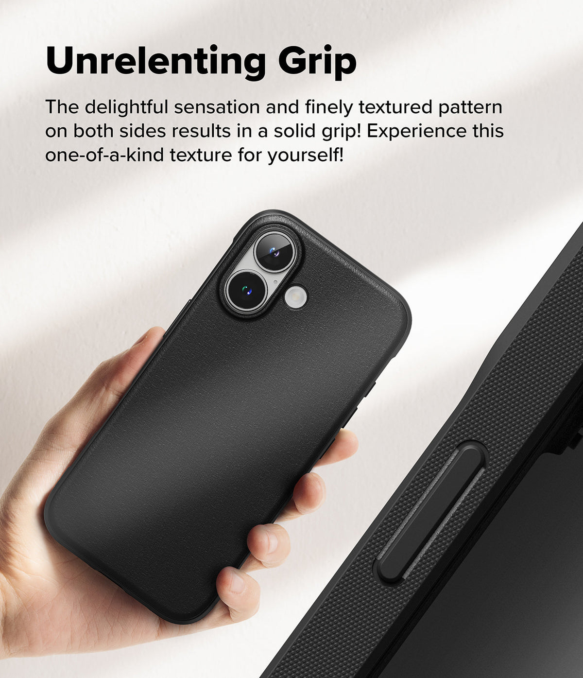iPhone 16 Case | Onyx Magnetic - Hand holding a black textured iPhone 16 case with a dual-camera cutout and side grip detail.