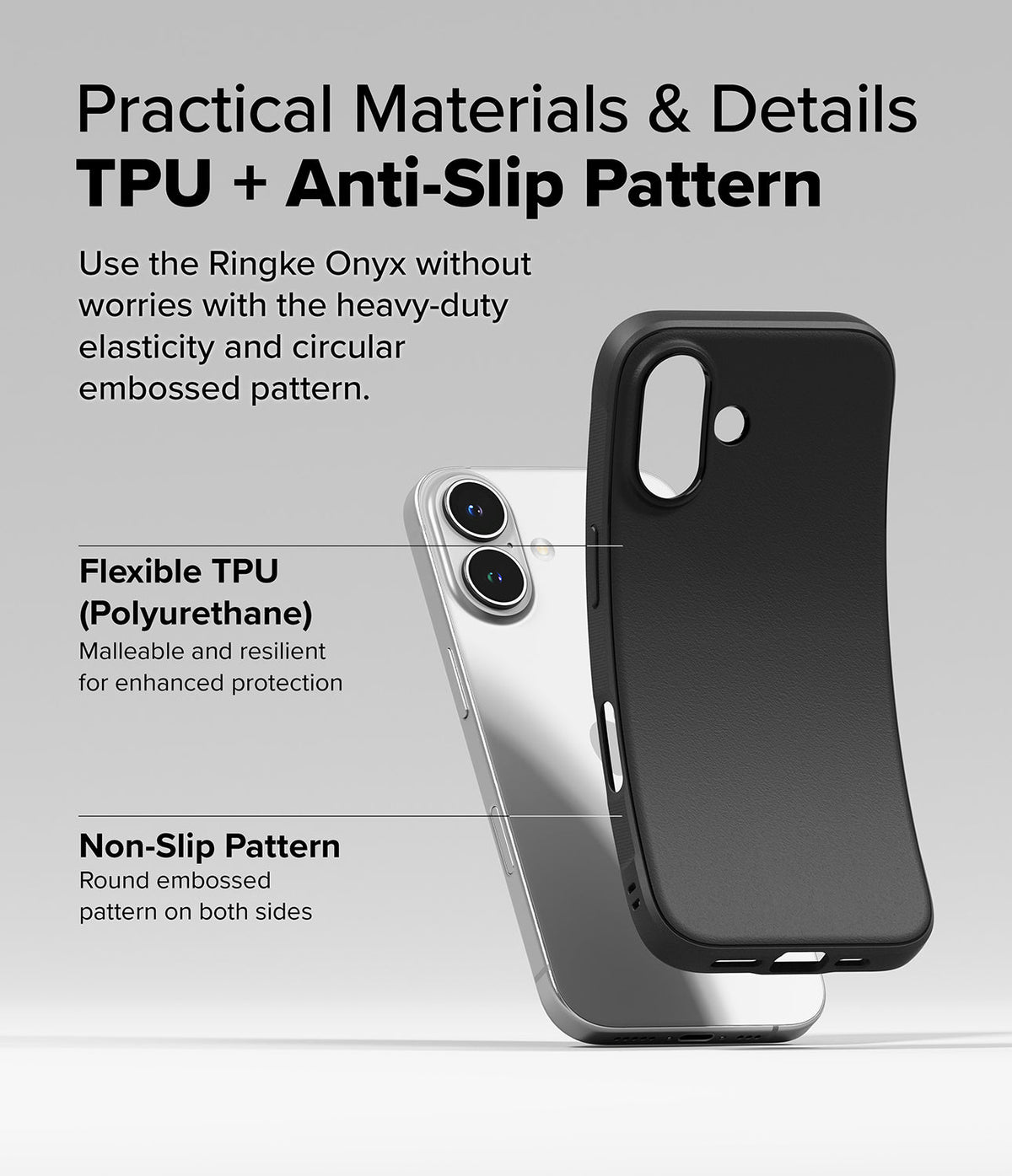 iPhone 16 Case | Onyx Magnetic - A black flexible TPU phone case with a non-slip pattern shown next to an iPhone 16.