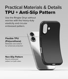 iPhone 16 Case | Onyx Magnetic - A black flexible TPU phone case with a non-slip pattern shown next to an iPhone 16.