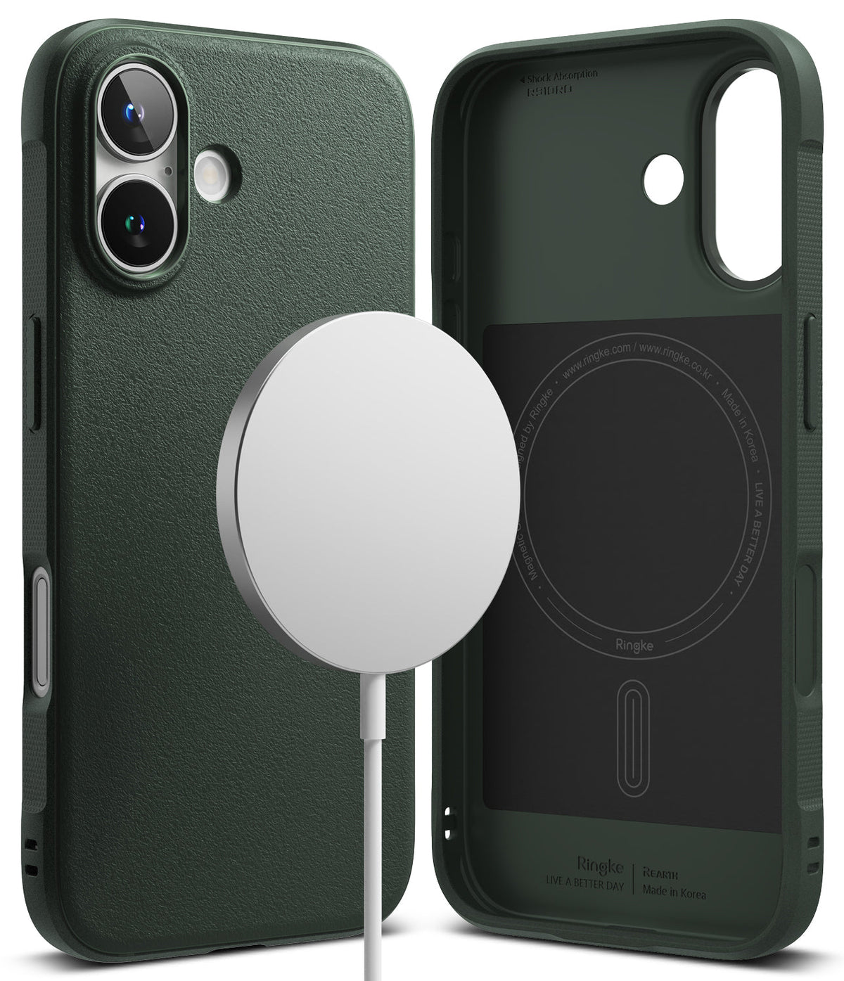 iPhone 16 Case | Onyx Magnetic - Dark green textured phone case with magnetic charger and interior view showing branding.