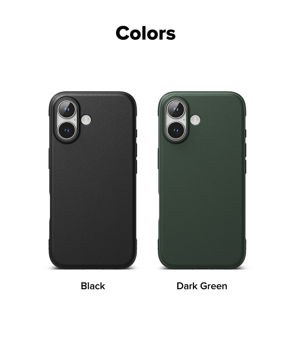 iPhone 16 Case | Onyx Magnetic - Two iPhone 16 cases in black and dark green, shown from the back with dual camera cutouts.