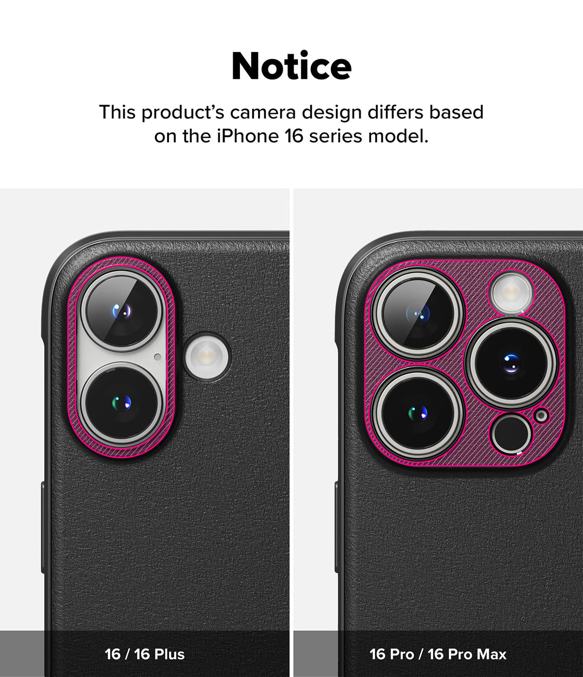 iPhone 16 Case | Onyx Magnetic - Comparison of camera cutouts for iPhone 16/Plus and 16 Pro/Pro Max models on black cases.