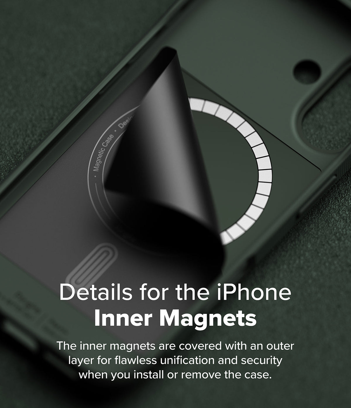 iPhone 16 Case | Onyx Magnetic - A dark green phone case with a protective layer peeling back to reveal internal magnets.