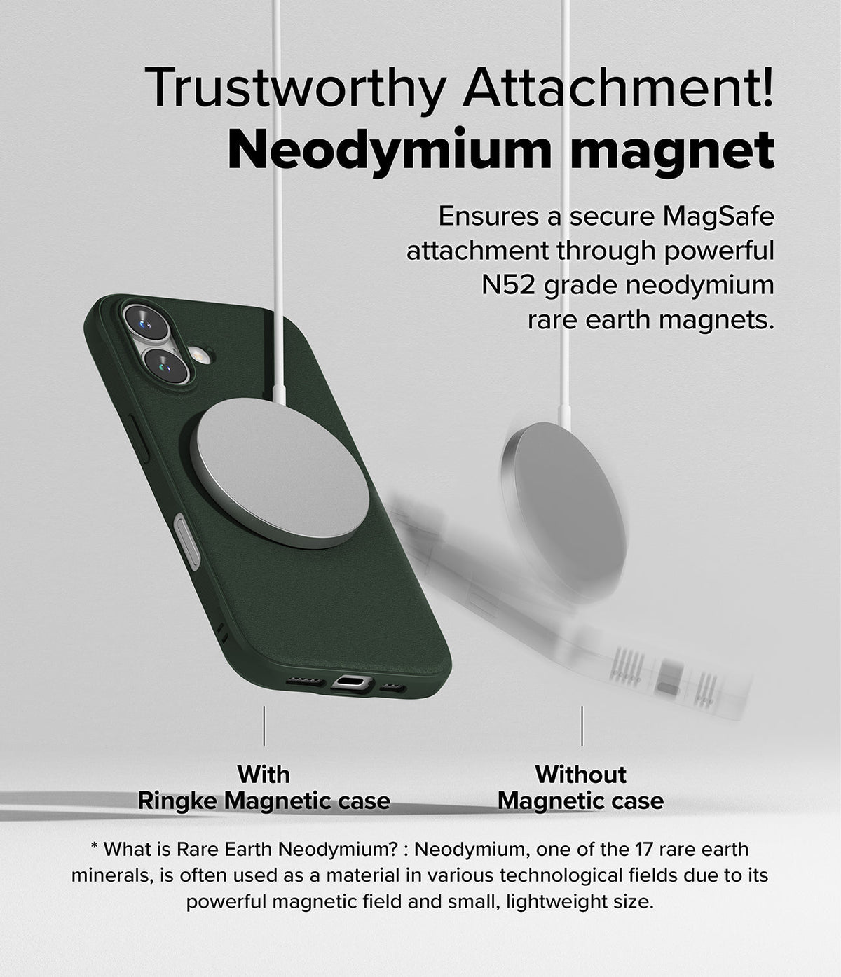 iPhone 16 Case | Onyx Magnetic - Comparison showing a magnetic charger attached to a phone case versus falling off.