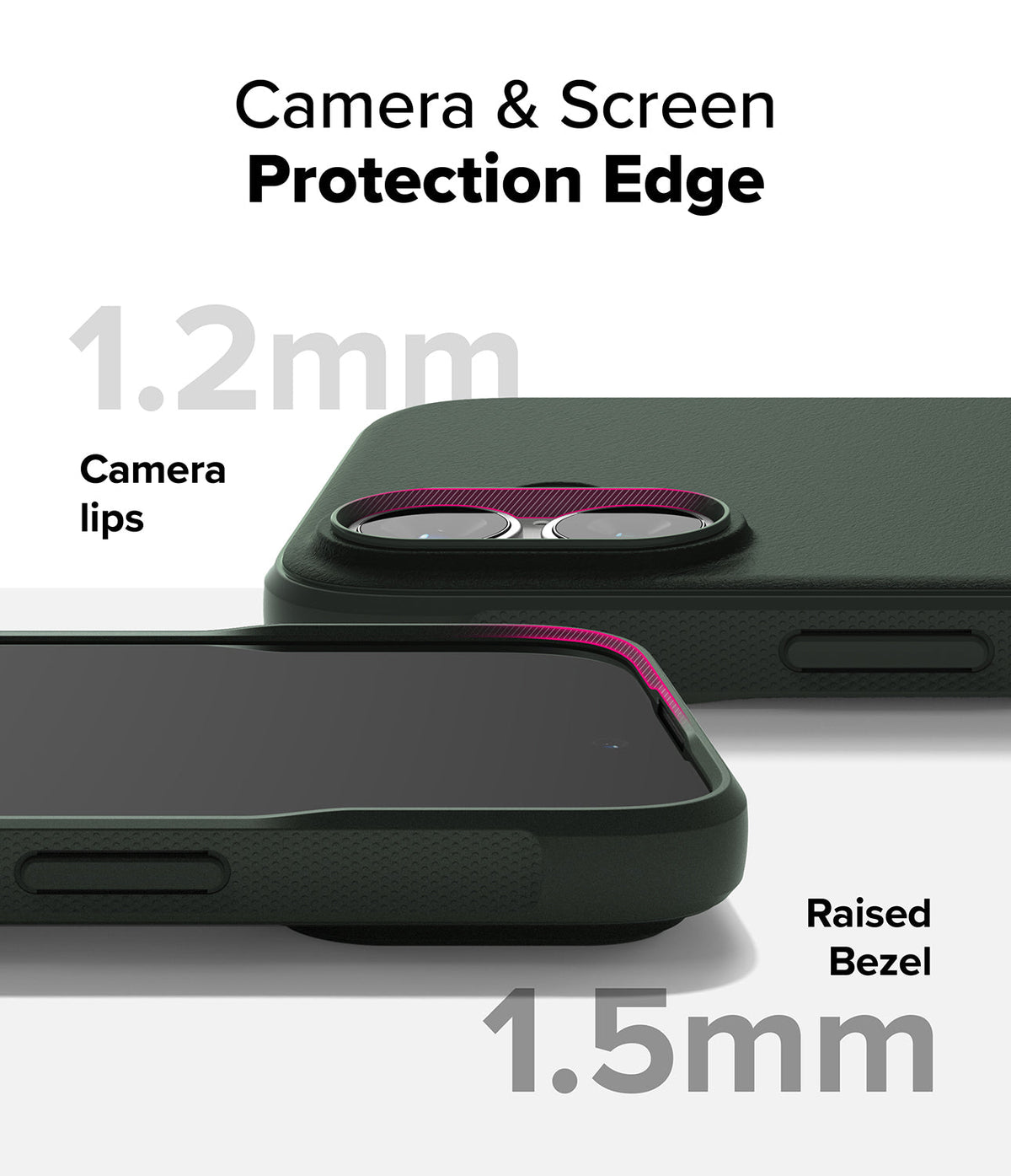 iPhone 16 Case | Onyx Magnetic - Close-up of phone case showing 1.2mm camera lip and 1.5mm raised screen bezel for protection.