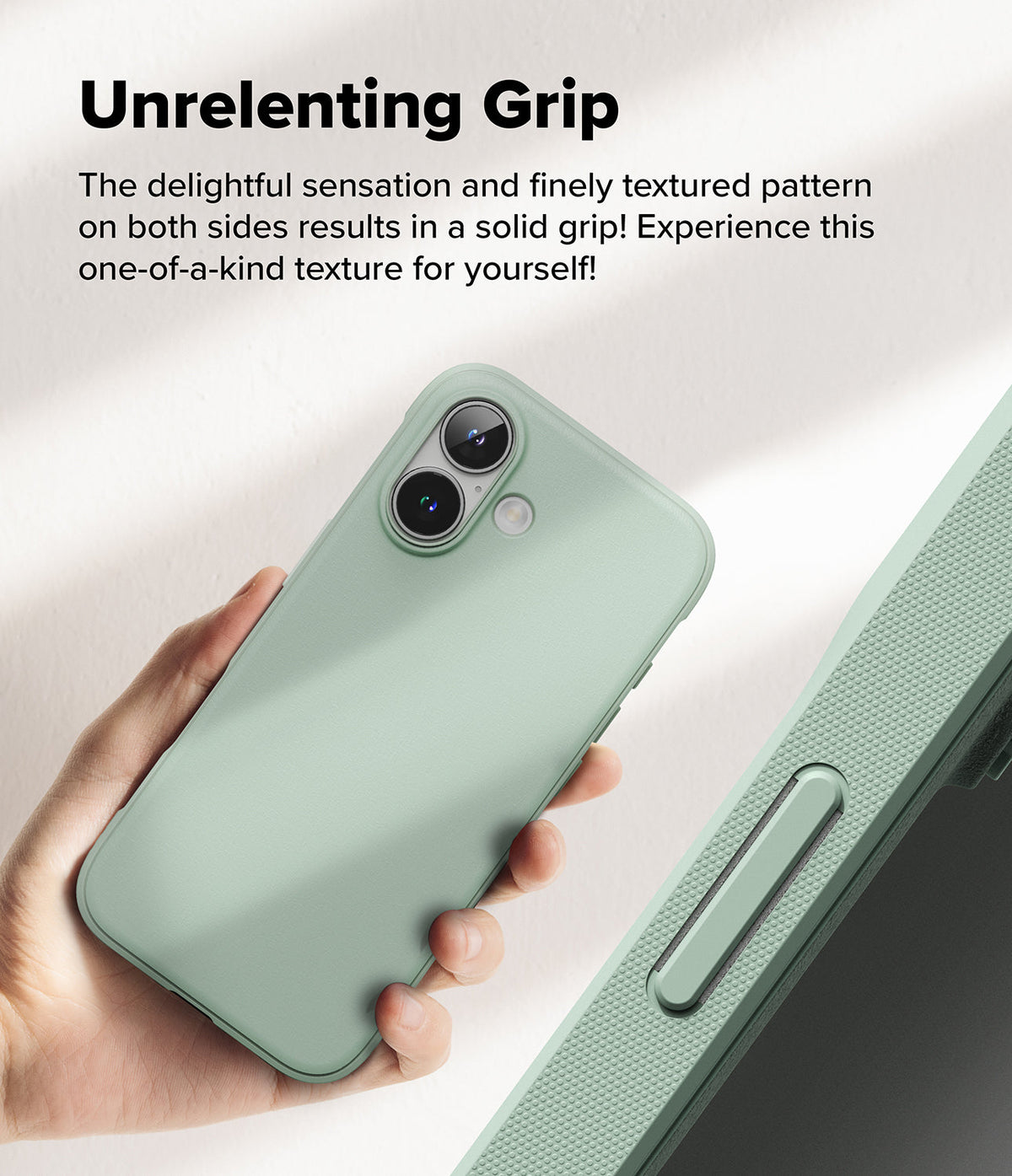 iPhone 16 Case | Onyx - A hand holds a sage green iPhone 16 case featuring a textured side grip and dual camera cutout.