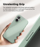 iPhone 16 Case | Onyx - A hand holds a sage green iPhone 16 case featuring a textured side grip and dual camera cutout.