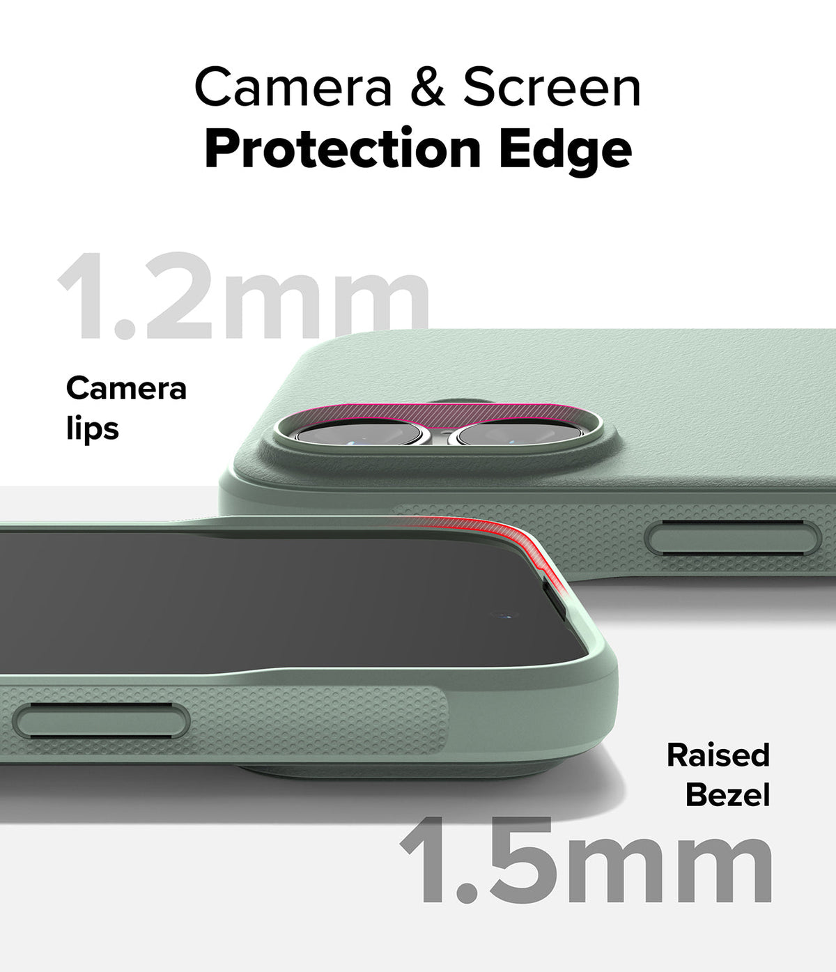 iPhone 16 Case | Onyx - Sage green phone case showing 1.2mm camera lips and 1.5mm raised screen bezel for protection.
