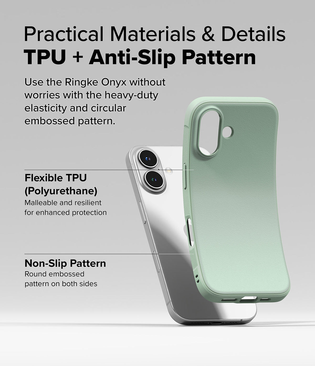 iPhone 16 Case | Onyx - A flexible sage green TPU phone case shown next to an iPhone, highlighting its anti-slip side texture.