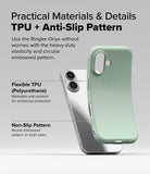 iPhone 16 Case | Onyx - A flexible sage green TPU phone case shown next to an iPhone, highlighting its anti-slip side texture.