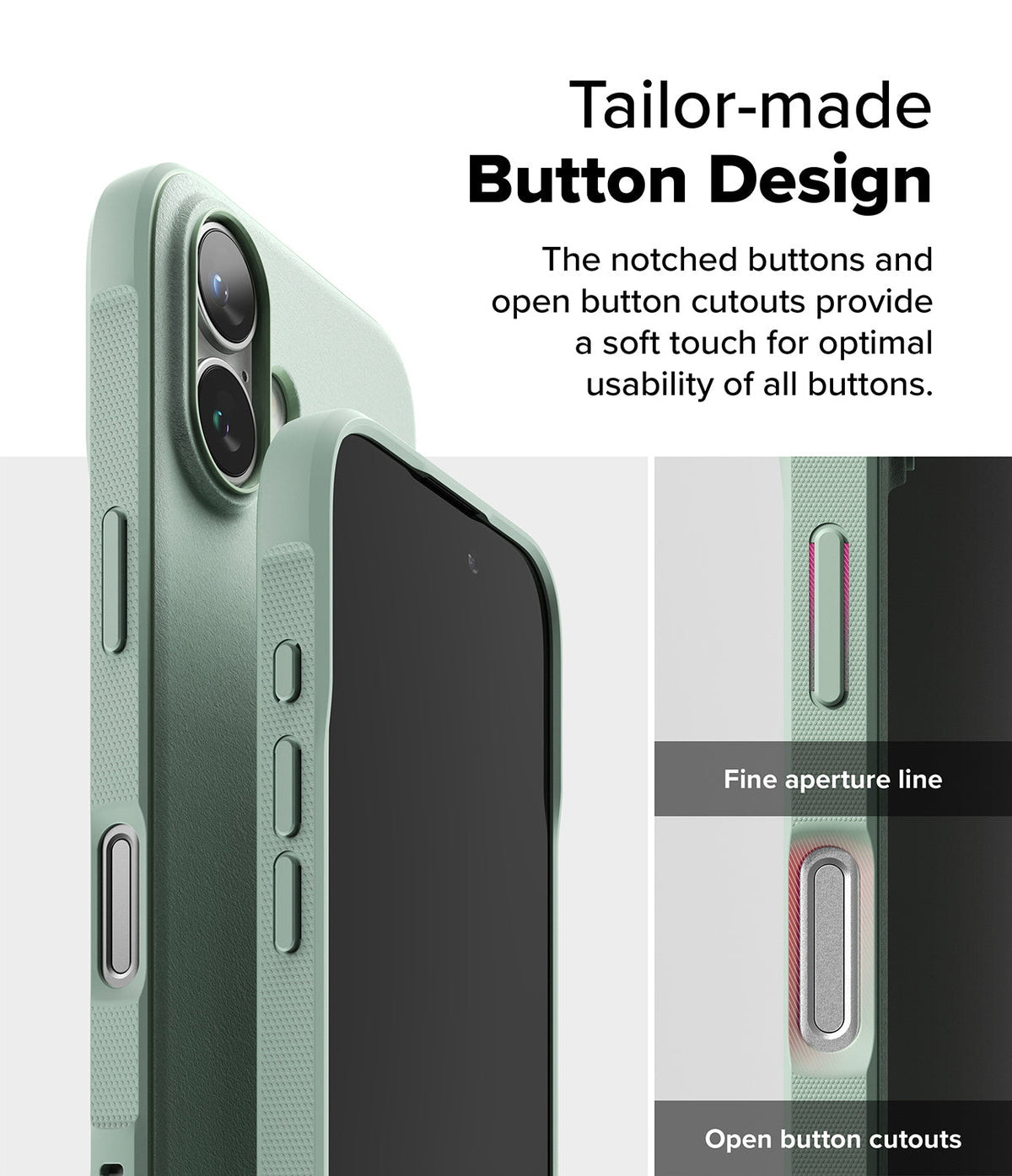 iPhone 16 Case | Onyx - Close-up of sage green phone case showing tactile button design, fine aperture lines, and open cutouts.