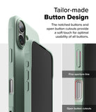 iPhone 16 Case | Onyx - Close-up of sage green phone case showing tactile button design, fine aperture lines, and open cutouts.