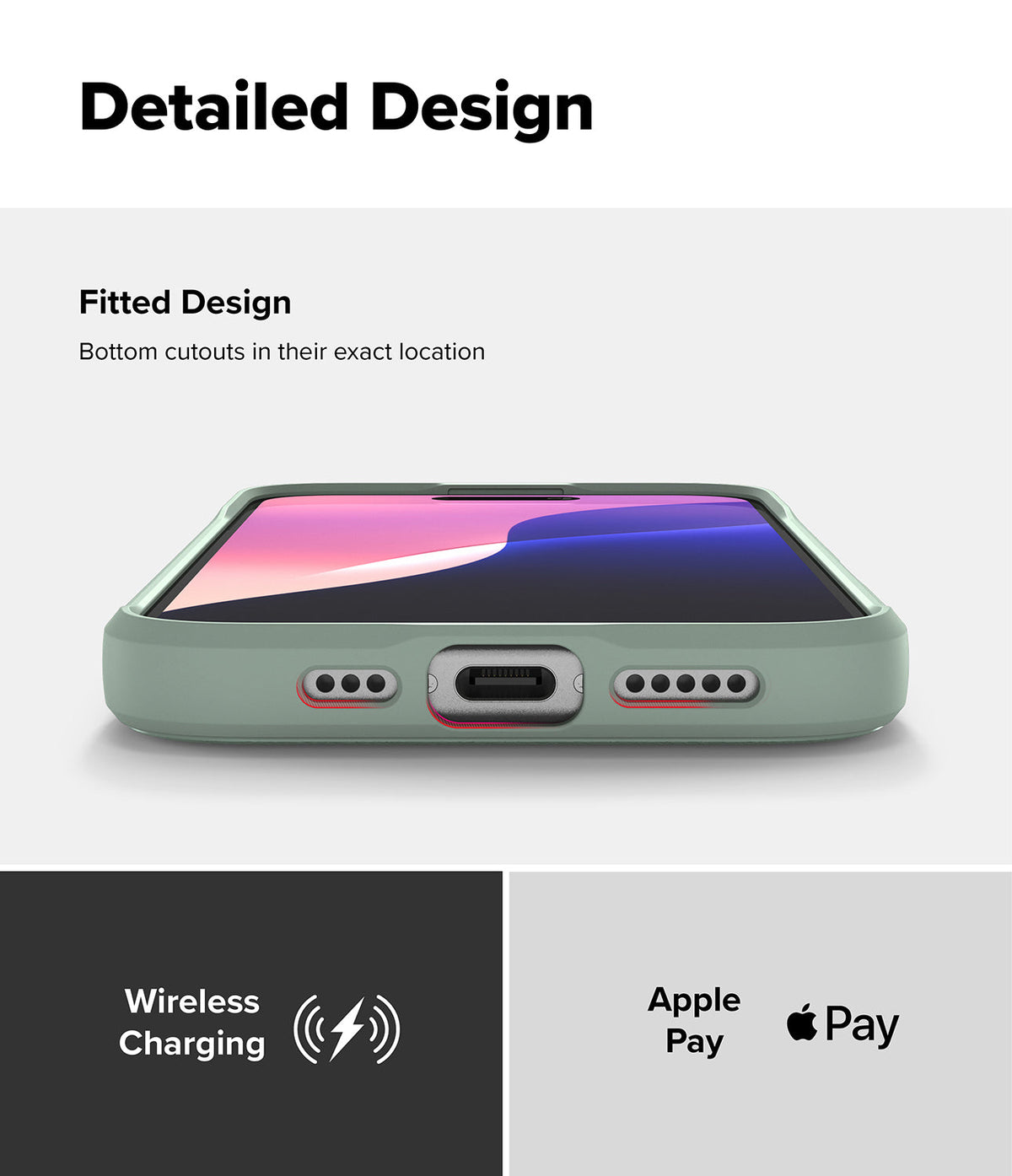 iPhone 16 Case | Onyx - Close-up of phone bottom showing precise speaker and charging port cutouts, plus wireless charging icons.