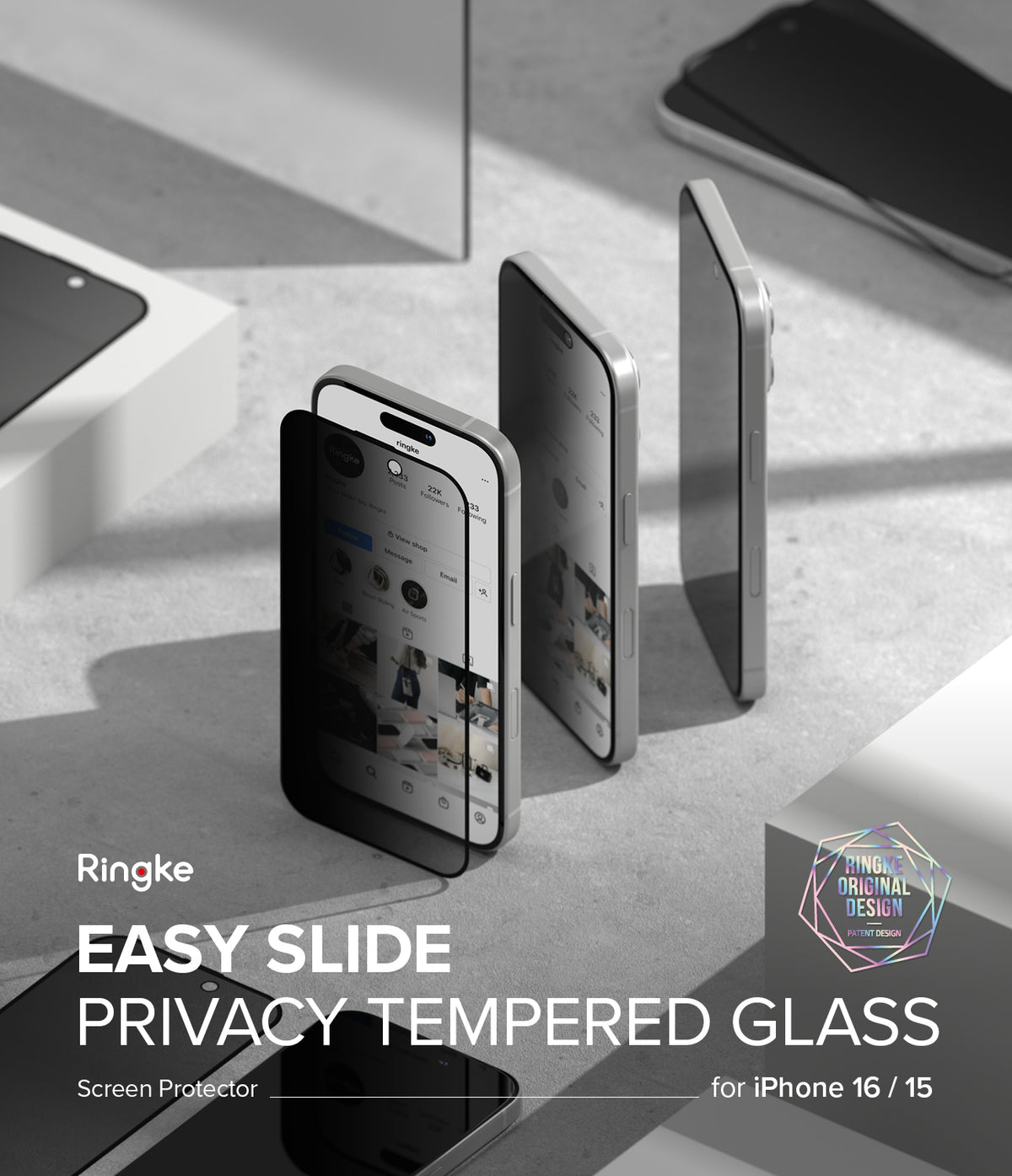 iPhone 16 / 15 Screen Protector | Easy Slide Privacy Tempered Glass - iPhone 16 / 15 Screen Protector - Privacy tempered glass being applied to an iPhone screen on a grey surface.