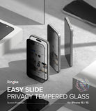 iPhone 16 / 15 Screen Protector | Easy Slide Privacy Tempered Glass - iPhone 16 / 15 Screen Protector - Privacy tempered glass being applied to an iPhone screen on a grey surface.