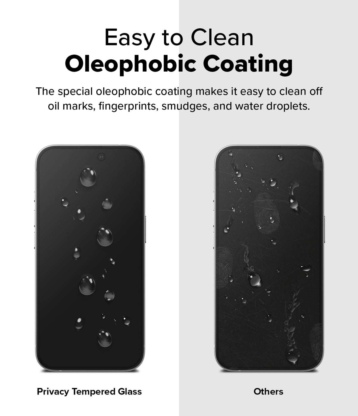 iPhone 16 / 15 Screen Protector | Easy Slide Privacy Tempered Glass - iPhone 16 / 15 Screen Protector - Comparison showing water beading on oleophobic glass versus smudged glass on a standard screen.