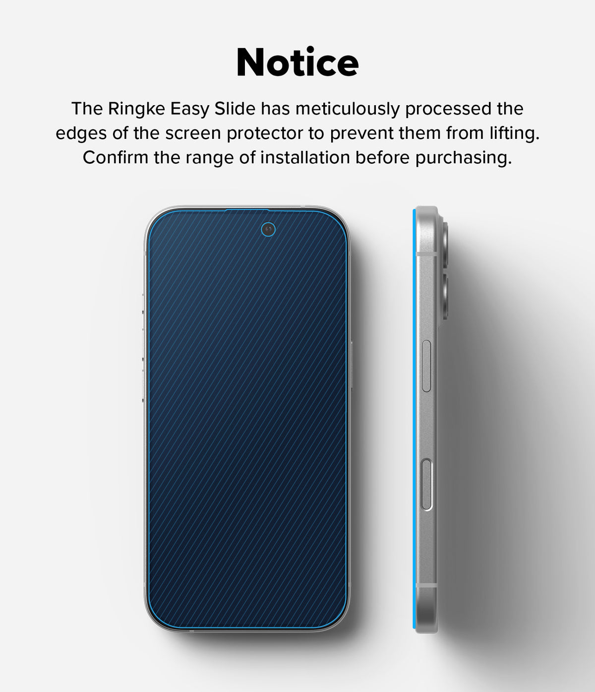 iPhone 16 / 15 Screen Protector | Easy Slide Privacy Tempered Glass - iPhone 16 / 15 Screen Protector - Front and side views of an iPhone with a privacy screen protector installed.
