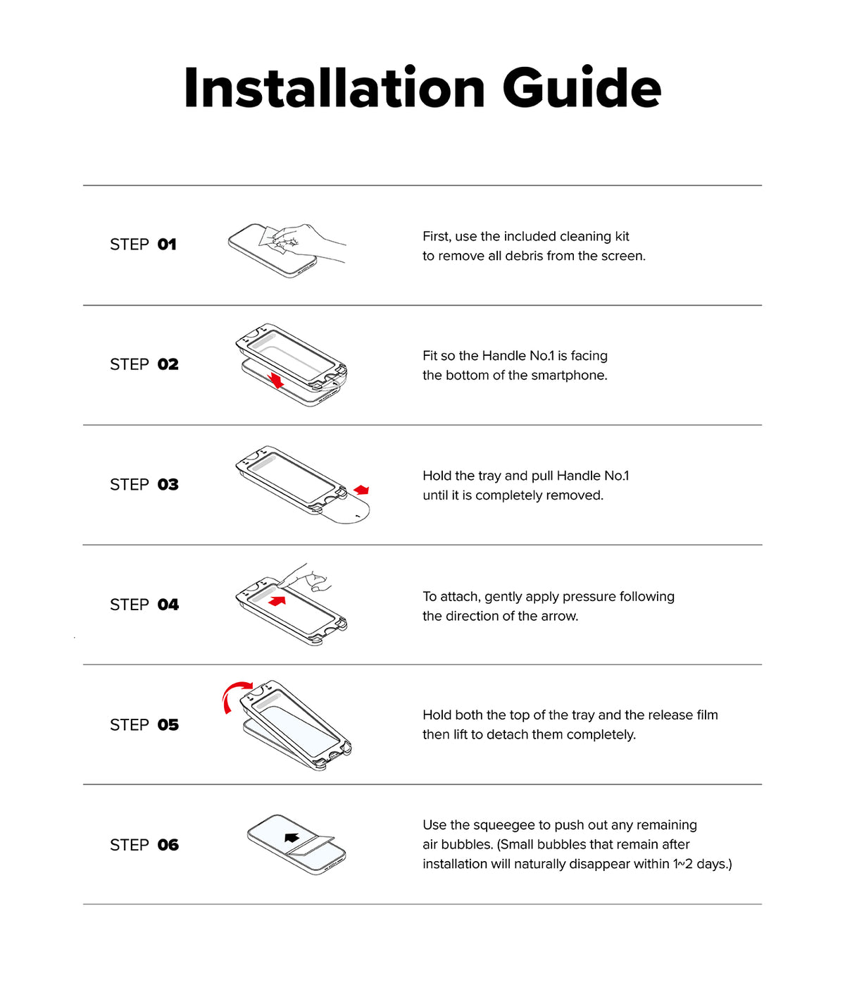 iPhone 16 / 15 Screen Protector | Easy Slide Privacy Tempered Glass - iPhone 16 / 15 Screen Protector - Six-step illustrated guide showing how to clean, align, and apply the tempered glass.