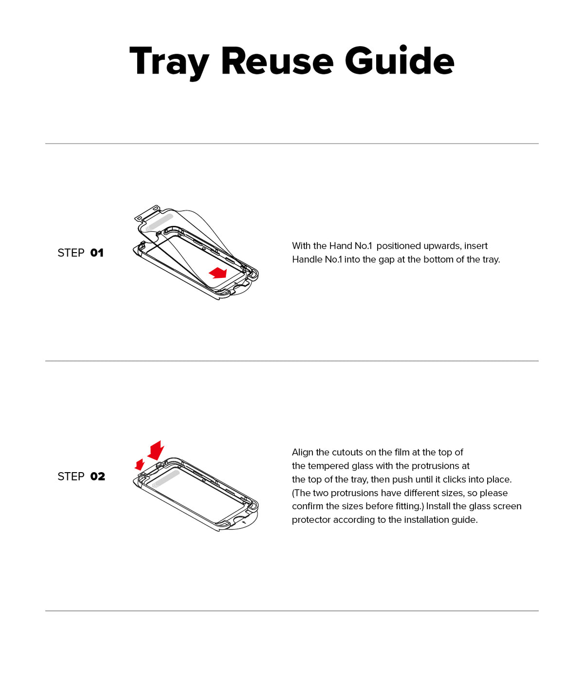 iPhone 16 / 15 Screen Protector | Easy Slide Privacy Tempered Glass - iPhone 16 / 15 Screen Protector - Two-step instructional diagram showing how to insert and align a screen protector into a tray.