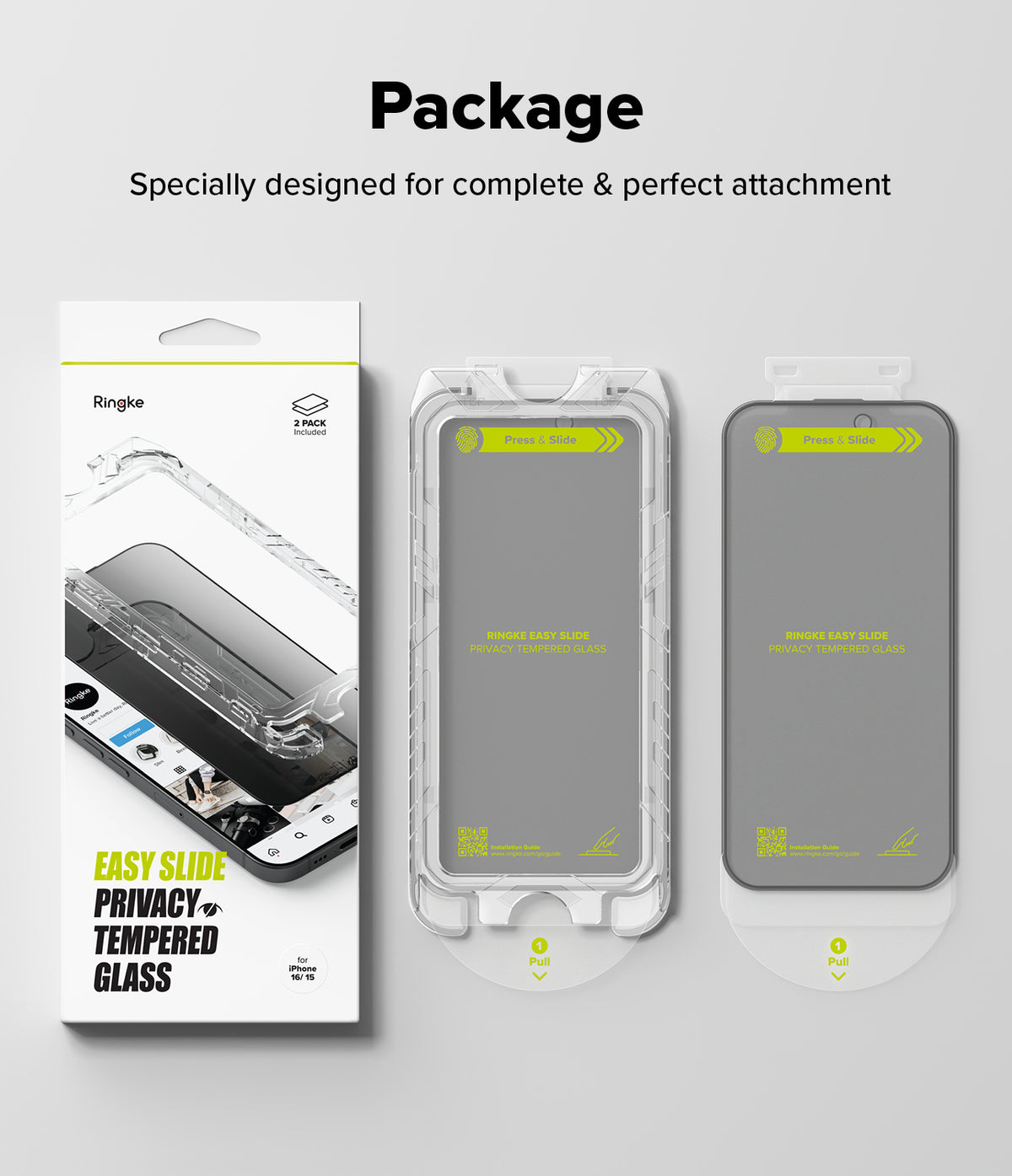 iPhone 16 / 15 Screen Protector | Easy Slide Privacy Tempered Glass - iPhone 16 / 15 Screen Protector - Ringke privacy glass packaging with two easy-slide installation frames and screen protectors.