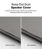 iPhone 16 / 15 Screen Protector | Easy Slide Privacy Tempered Glass - iPhone 16 / 15 Screen Protector - Comparison showing a phone speaker before and after installing a dust-proof cover.
