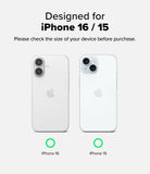 iPhone 16 / 15 Screen Protector | Easy Slide Privacy Tempered Glass - iPhone 16 / 15 Screen Protector - Comparison of iPhone 16 and iPhone 15 back panels with green checkmarks indicating compatibility.