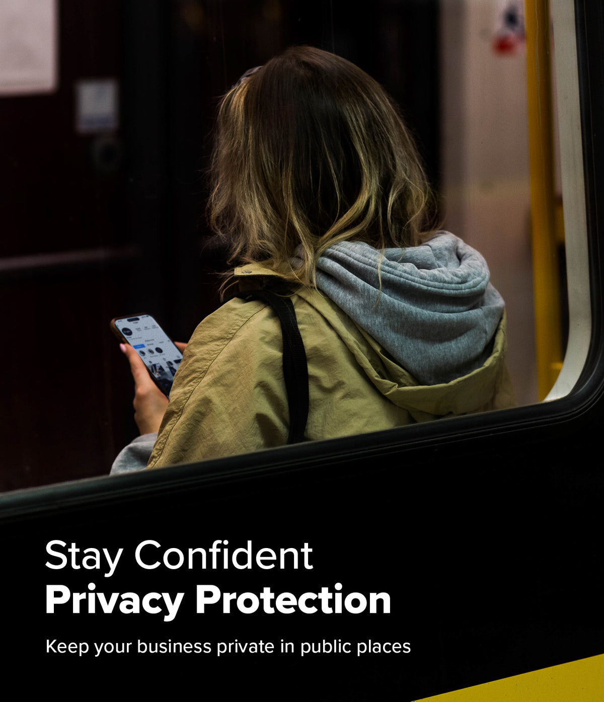 iPhone 16 / 15 Screen Protector | Easy Slide Privacy Tempered Glass - iPhone 16 / 15 Screen Protector - Person on a train using a phone with a privacy screen protector to hide content.