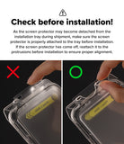 iPhone 16 / 15 Screen Protector | Easy Slide Privacy Tempered Glass - iPhone 16 / 15 Screen Protector - Comparison showing incorrect vs. correct alignment of screen protector on installation tray.