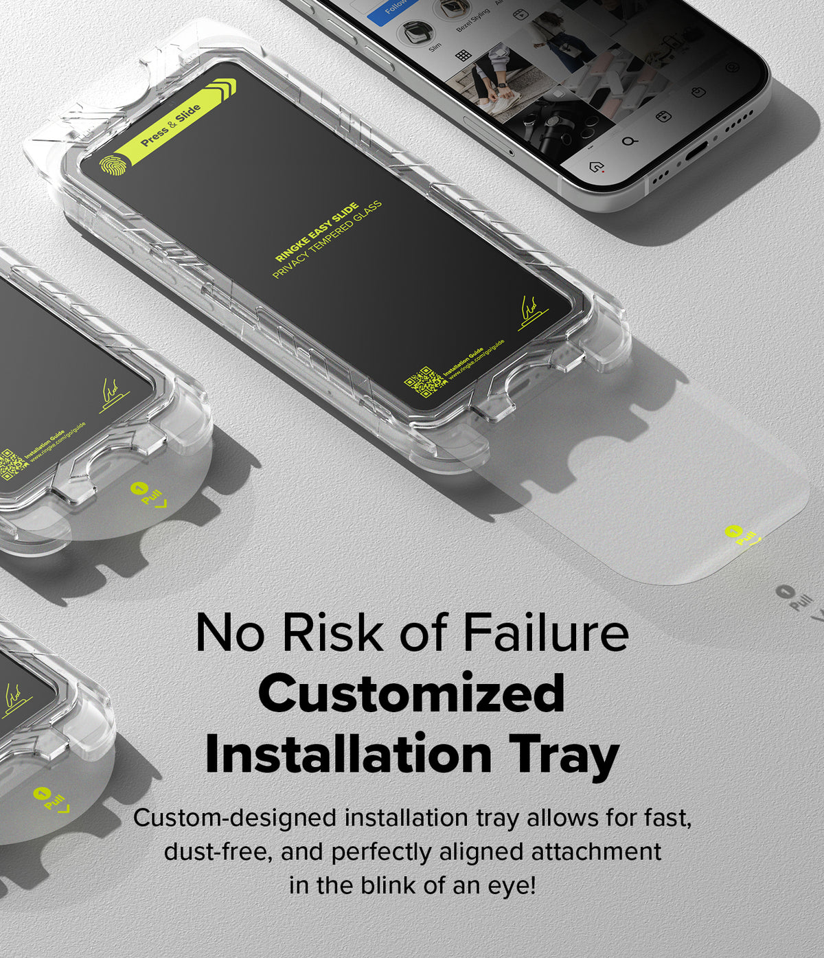 iPhone 16 / 15 Screen Protector | Easy Slide Privacy Tempered Glass - iPhone 16 / 15 Screen Protector - Clear installation tray with privacy glass for easy, aligned smartphone application.