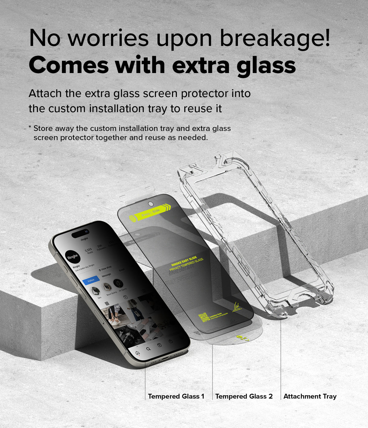 iPhone 16 / 15 Screen Protector | Easy Slide Privacy Tempered Glass - iPhone 16 / 15 Screen Protector - Smartphone with privacy glass, an extra screen protector, and a clear installation tray.