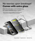 iPhone 16 / 15 Screen Protector | Easy Slide Privacy Tempered Glass - iPhone 16 / 15 Screen Protector - Smartphone with privacy glass, an extra screen protector, and a clear installation tray.