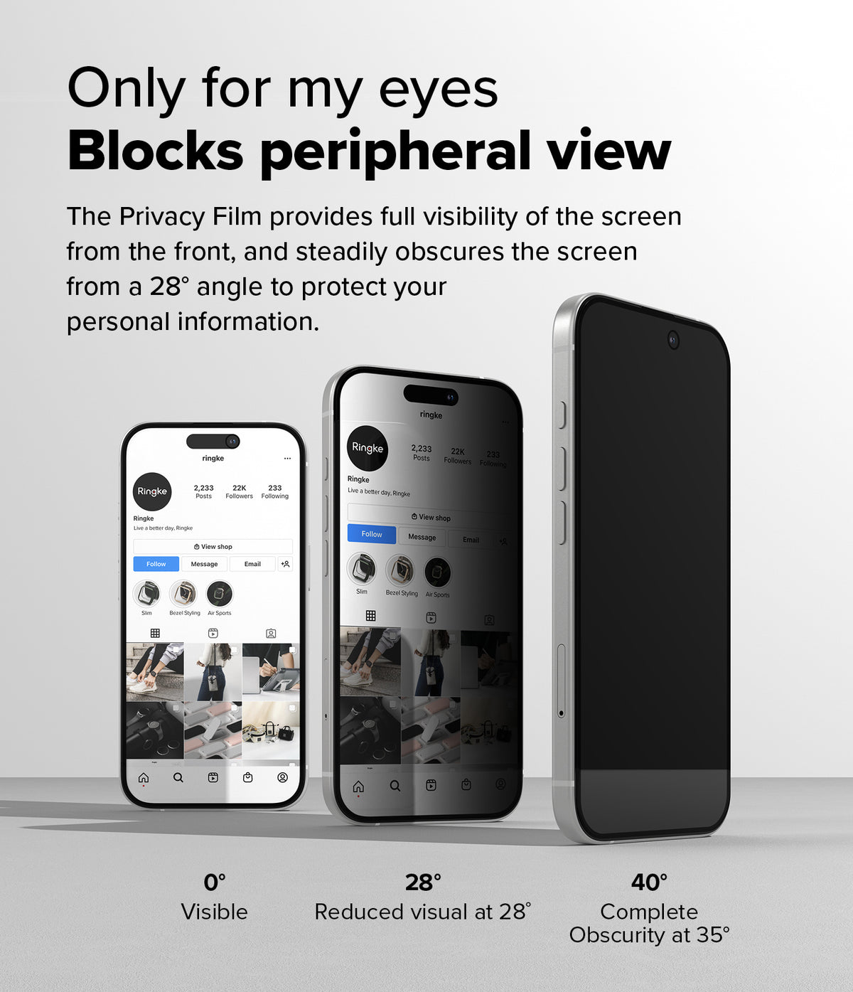 iPhone 16 / 15 Screen Protector | Easy Slide Privacy Tempered Glass - iPhone 16 / 15 Screen Protector - Three phones showing privacy screen visibility at 0, 28, and 40-degree viewing angles.