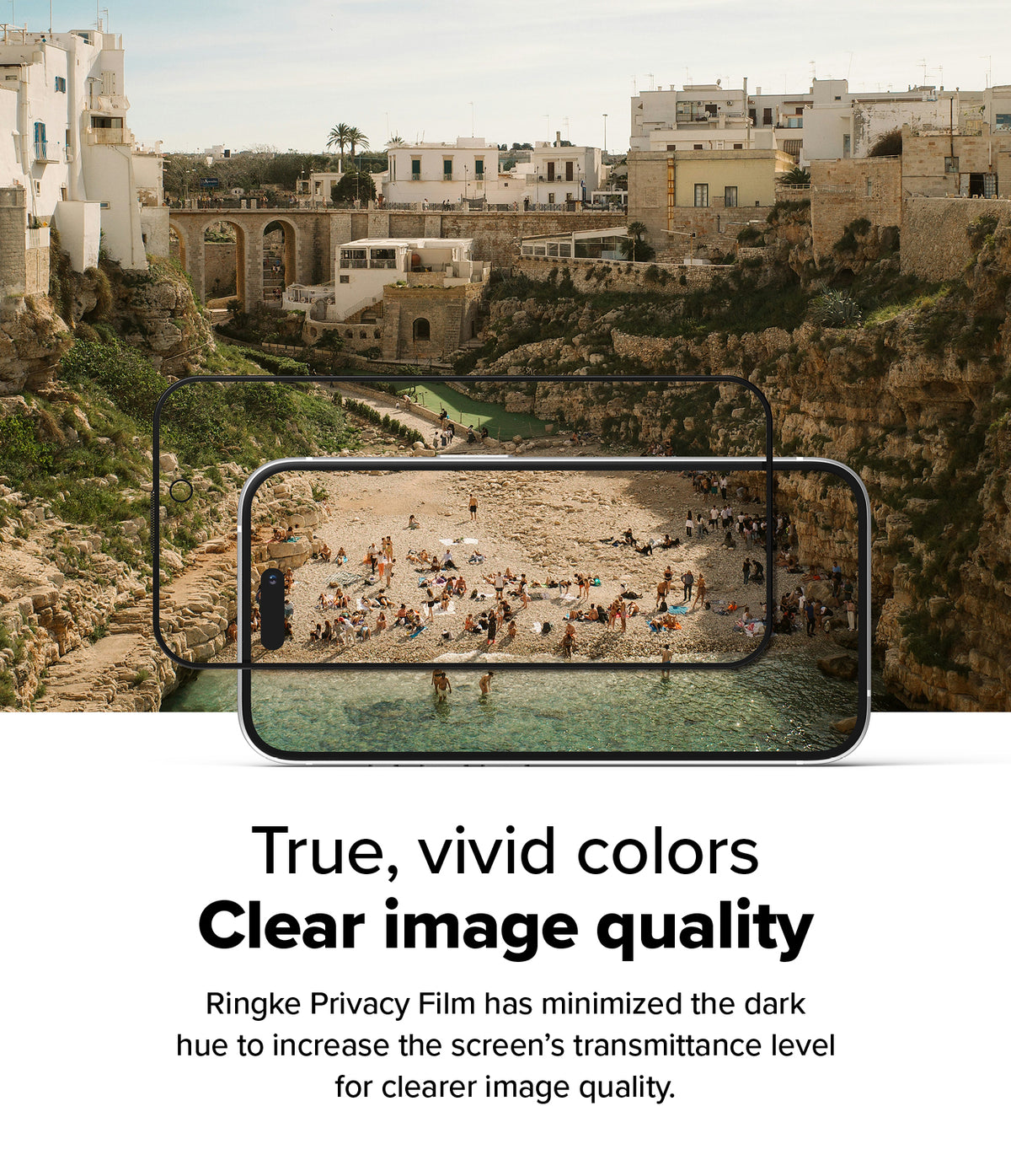 iPhone 16 / 15 Screen Protector | Easy Slide Privacy Tempered Glass - iPhone 16 / 15 Screen Protector - Privacy glass overlaying a beach scene, showing clear, vivid colors and high transparency.
