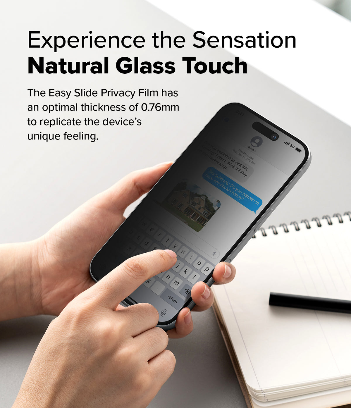 iPhone 16 / 15 Screen Protector | Easy Slide Privacy Tempered Glass - iPhone 16 / 15 Screen Protector - Hand holding a smartphone with a privacy screen protector, showing a text message interface.