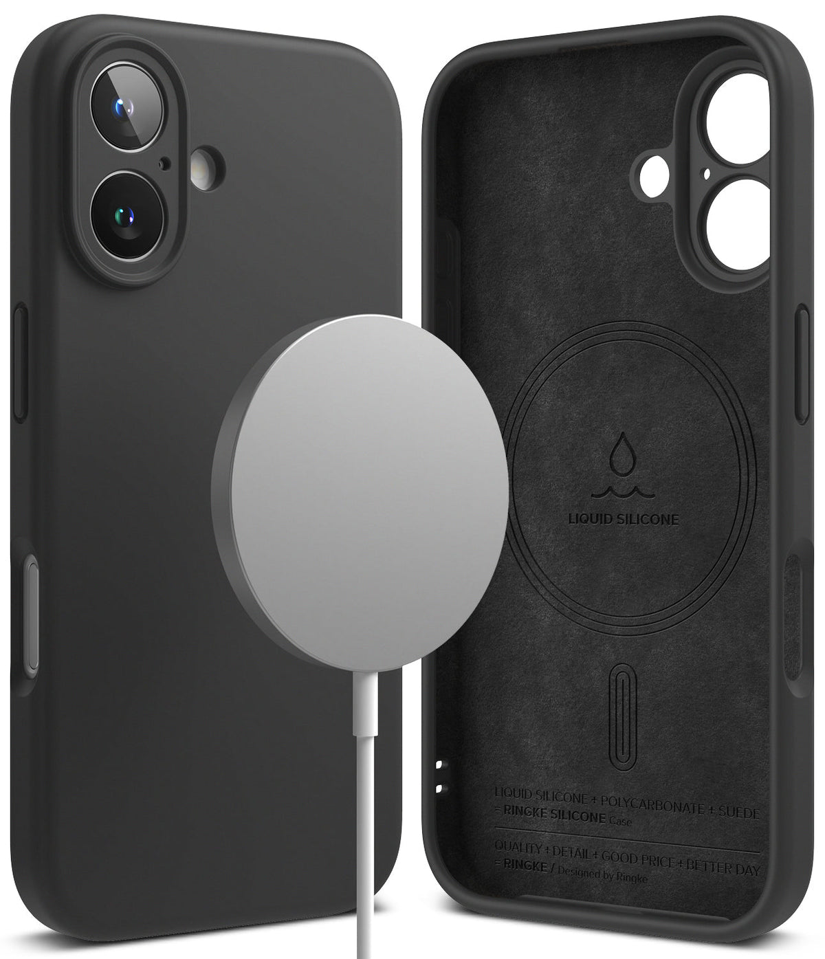 iPhone 16 Case | Silicone Magnetic - Black silicone iPhone 16 case with magnetic charger and interior suede lining.