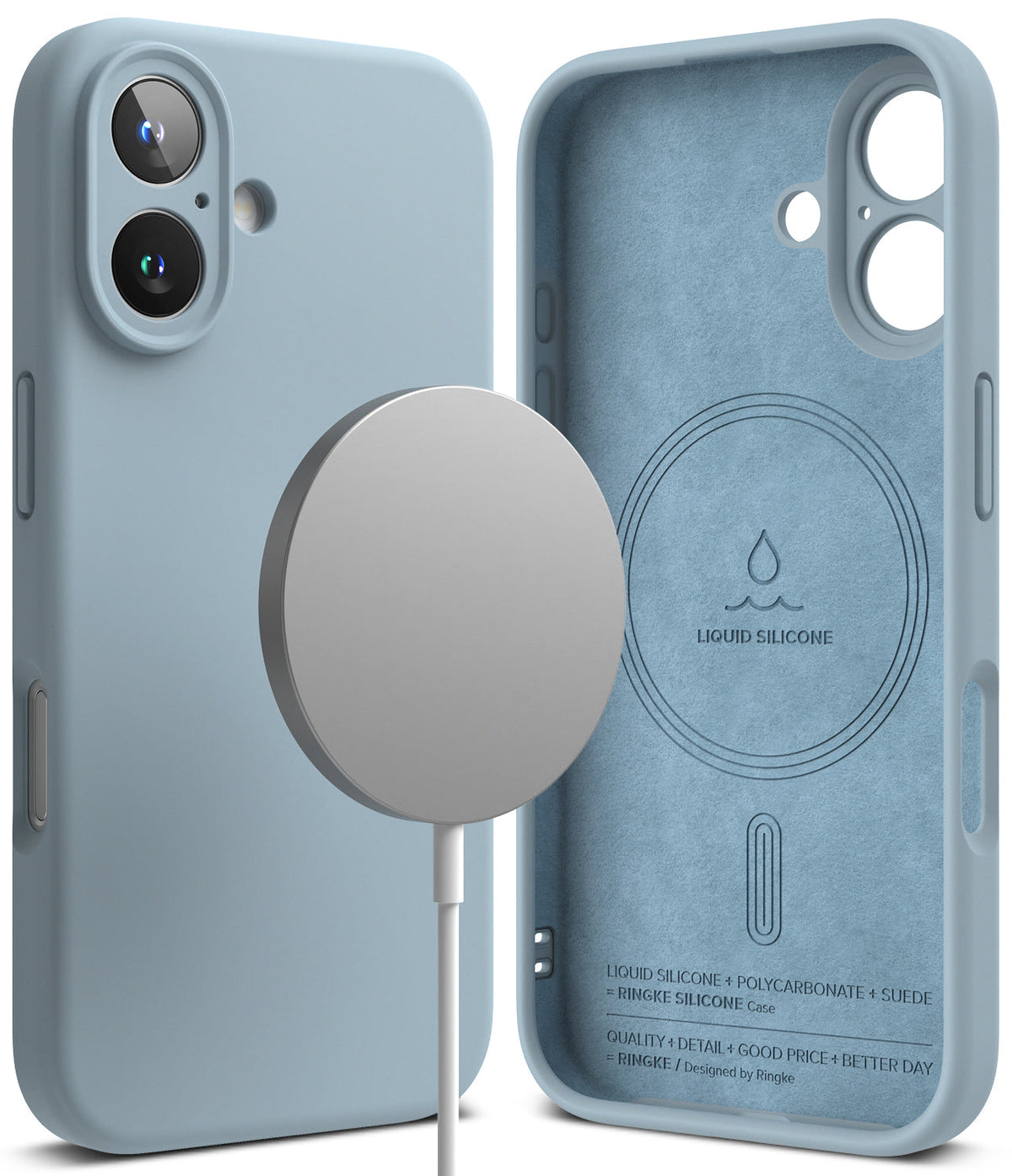 iPhone 16 Case | Silicone Magnetic - Light blue silicone case showing exterior with magnetic charger and suede interior.