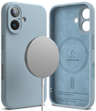 iPhone 16 Case | Silicone Magnetic - Light blue silicone case showing exterior with magnetic charger and suede interior.
