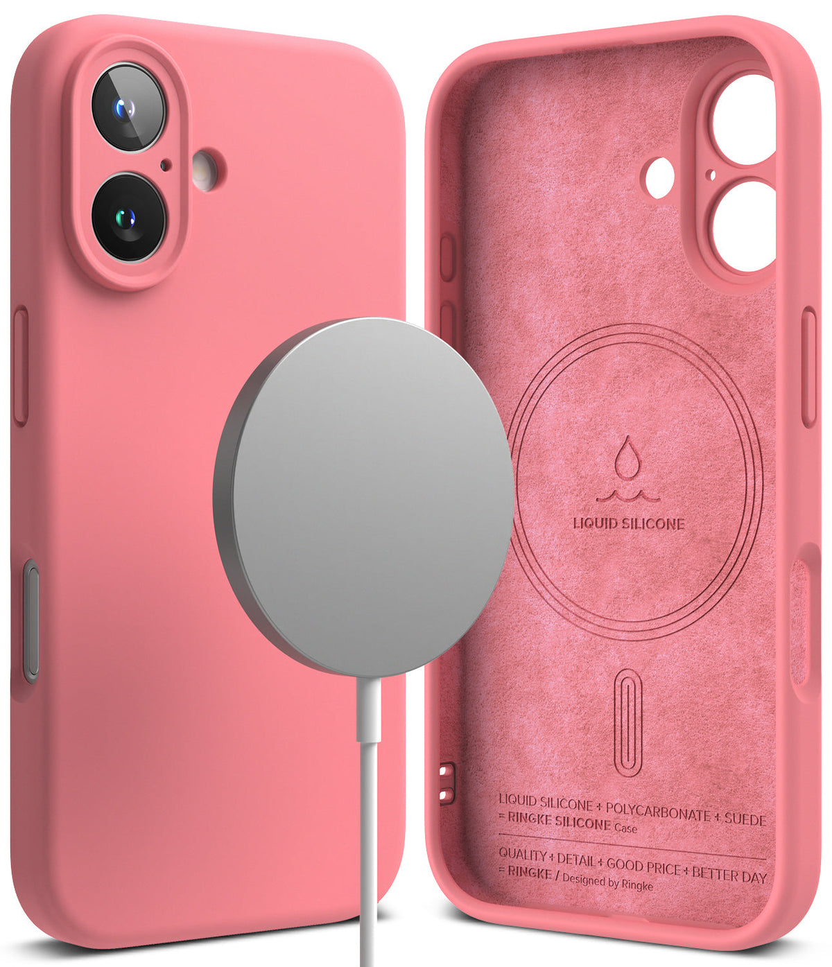 iPhone 16 Case | Silicone Magnetic - Pink silicone iPhone 16 case showing exterior camera cutout and interior suede lining with magnetic ring.