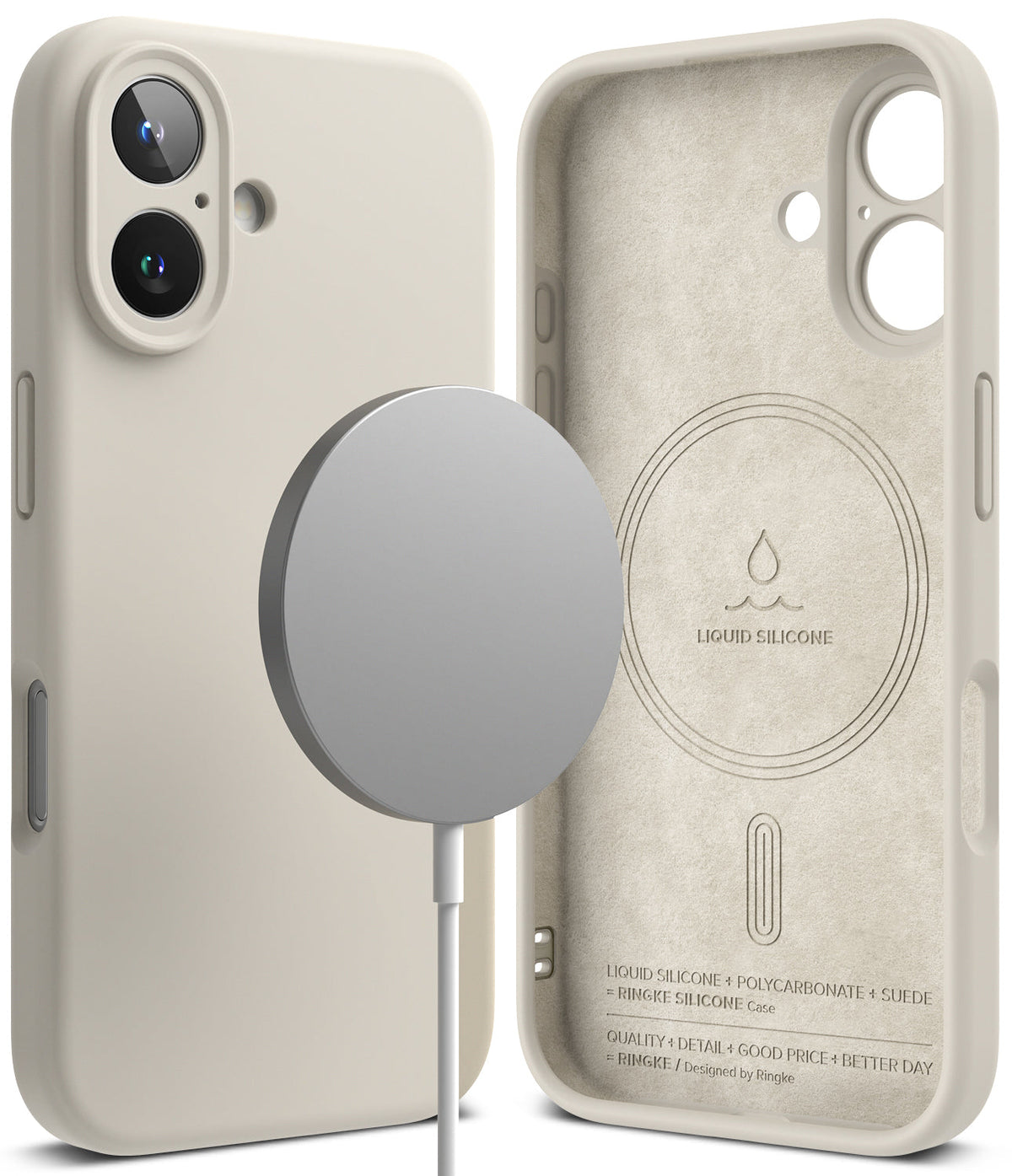 iPhone 16 Case | Silicone Magnetic - Beige silicone iPhone 16 case shown from back and inside with a magnetic charger.