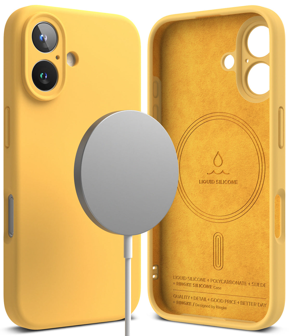 iPhone 16 Case | Silicone Magnetic - Yellow magnetic silicone case shown from back and interior with a MagSafe charger.
