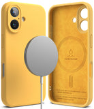 iPhone 16 Case | Silicone Magnetic - Yellow magnetic silicone case shown from back and interior with a MagSafe charger.