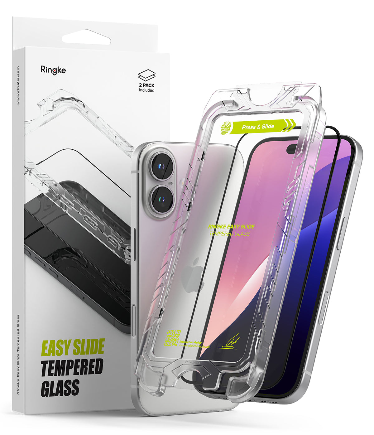 iPhone 16 / 15 Screen Protector | Easy Slide Tempered Glass - Ringke screen protector kit with installation frame.