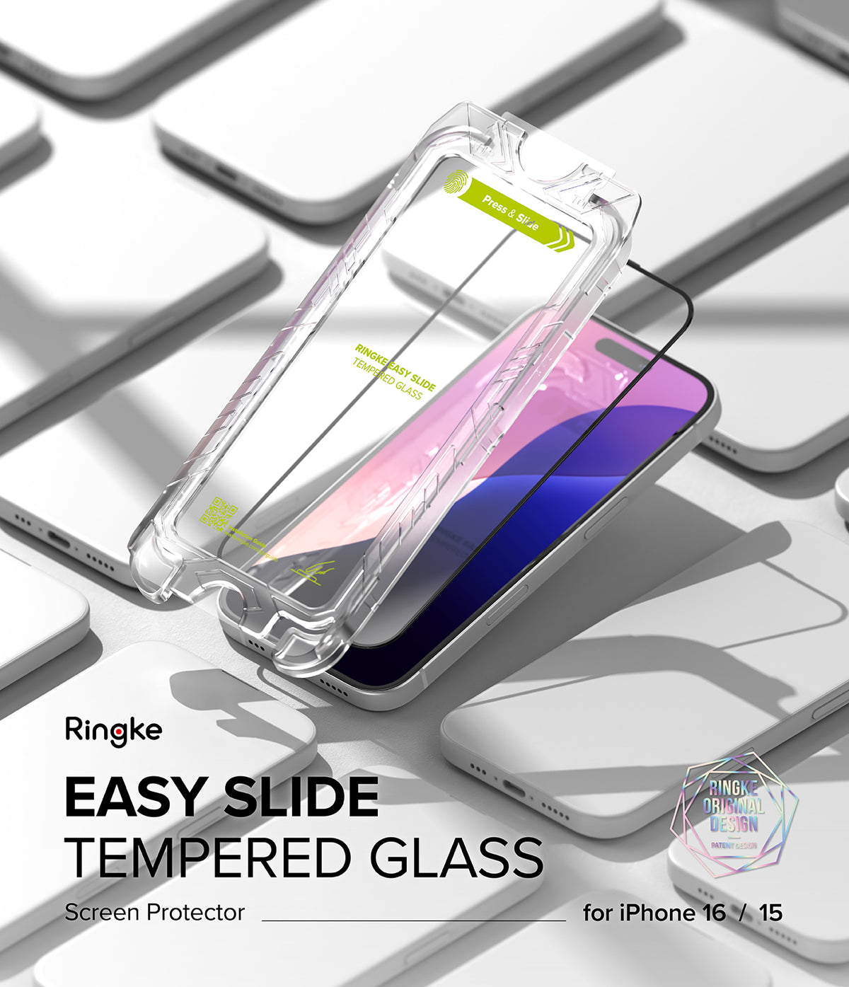 iPhone 16 / 15 Screen Protector | Easy Slide Tempered Glass - iPhone 16 / 15 Screen Protector - Clear installation frame hovering over an iPhone screen with text Press & Slide.